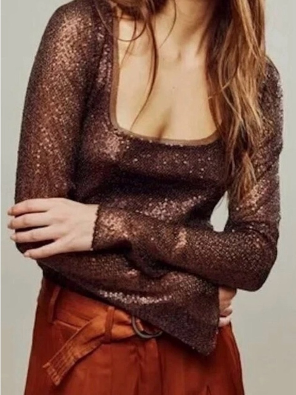 Intimately Free People Late Night Disco Brown Sequin Scoop-Neck Lng Sleeve Top L